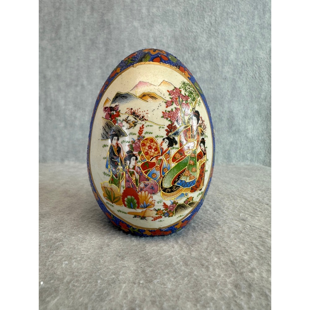 Vintage Japanese Satsuma Egg Asian Geisha Scene Blue Floral Ornament Art